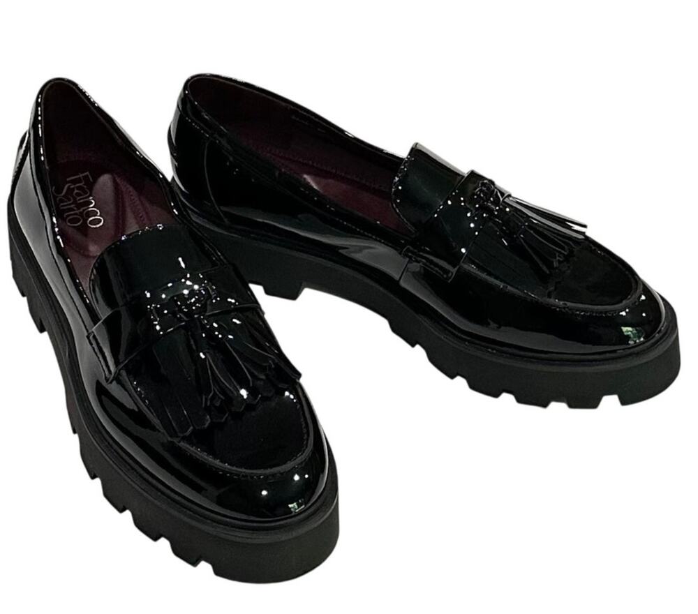Franco Sarto Black Patent Tassel Loafers Lug Sole Size 10